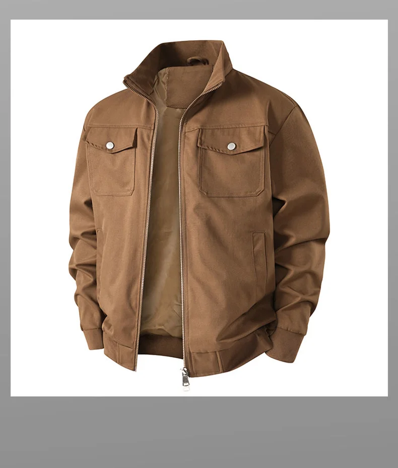 Men Brown Stand Collar Cargo Jacket Regular Fit Casual Zip Up Coat Multi Pocket Windproof Fabric Daily Outdoor Outerwear For Men