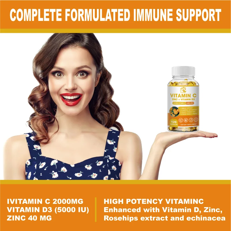 Zinc and Vitamin C + Vitamin D3 5000 IU Capsules for Men and Women | Immune Support Supplement | 120 Capsules