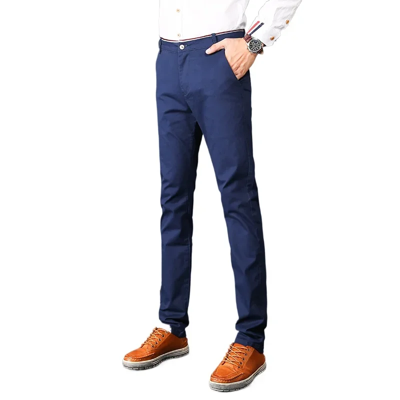 2024 New Spring/summer Cotton Mens Casual Pants, Thin Fashion Slim Fit Business Suit Trousers,  Navy Blue , Sky Blue Six Colors