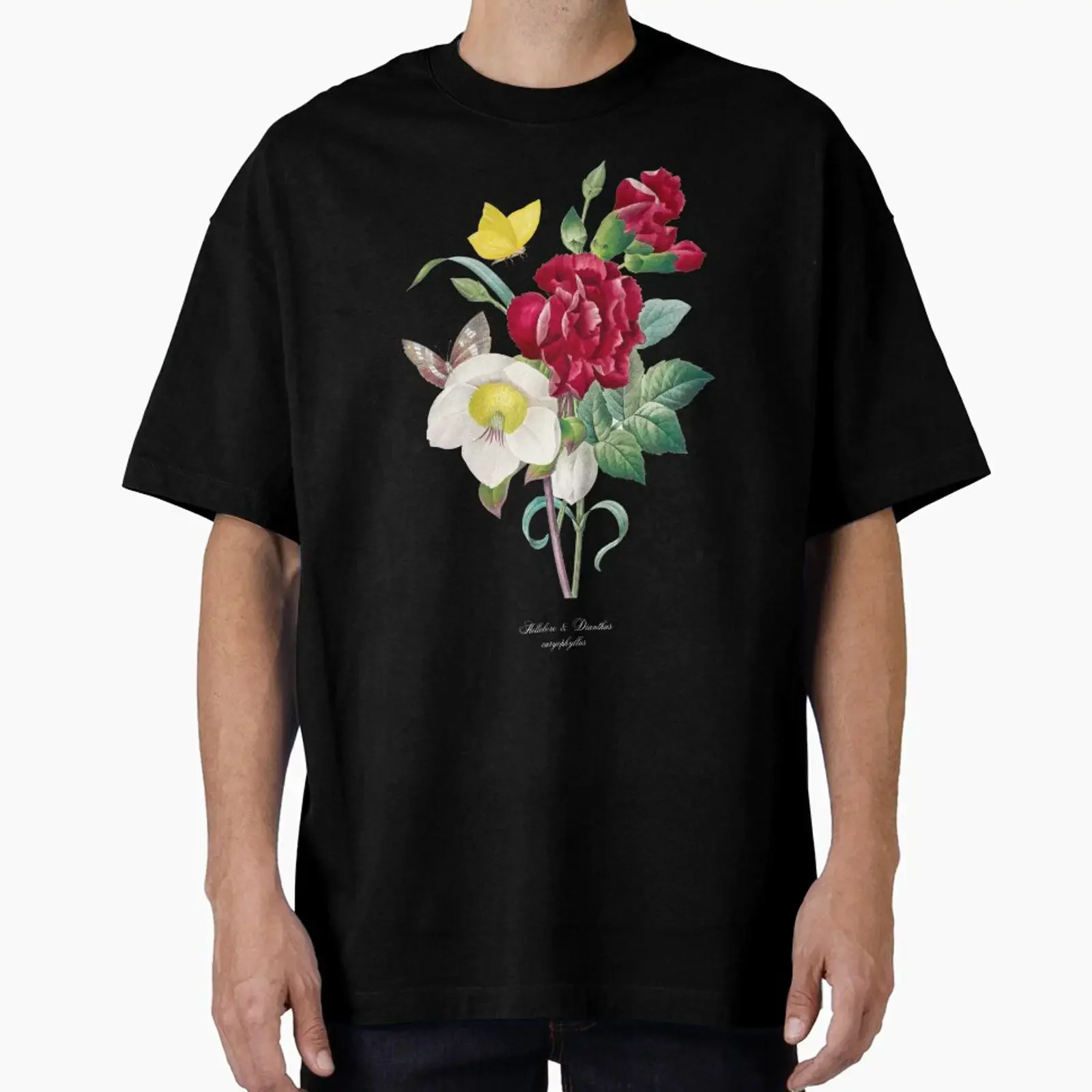 Hellebore and Carnation bouquet by Pierre Joseph Redouté Scientific name Oversized T Shirt vintage Washed Casual Stretched