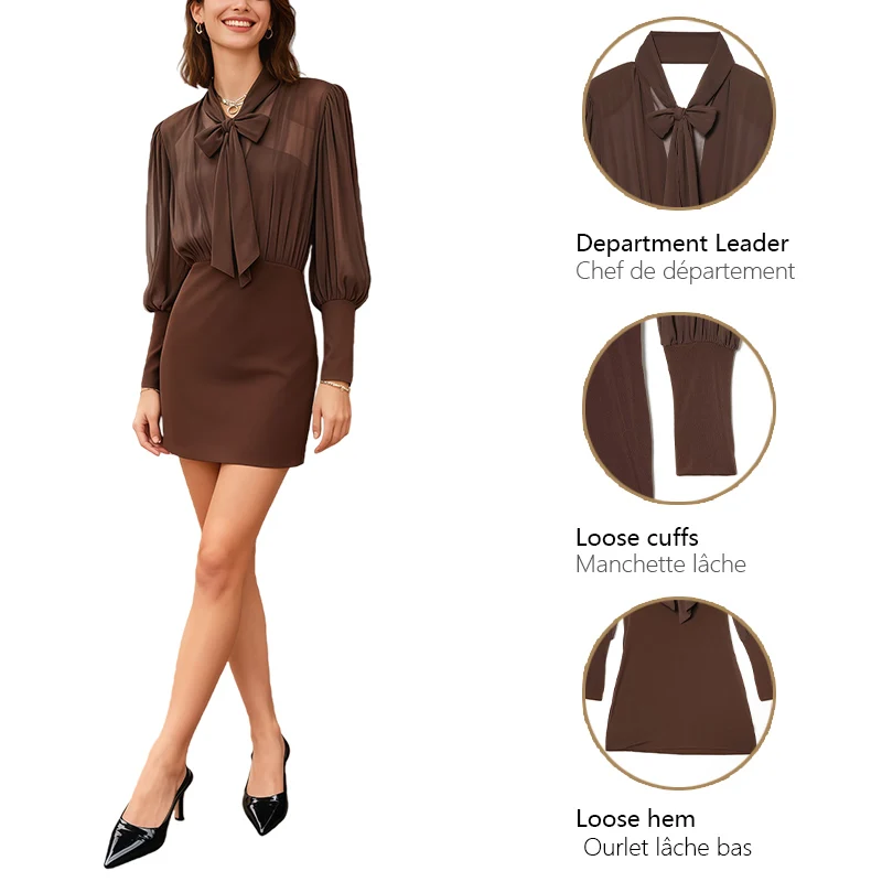 Lace Up Sheer Dark Brown Dress With Puff Sleeves And Waist Hugging Short Skirt Trendy Stylish Party And Date Outfit For Women