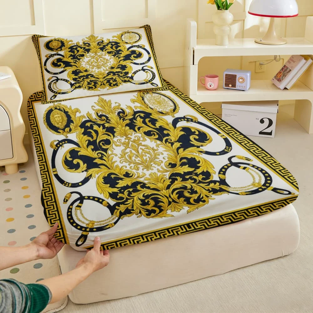 1pc Baroque Gold Medusa & Scroll Print Fitted Sheet Deep Pocket Elastic Mattress Cover Single Double Queen King Bedroom Decor