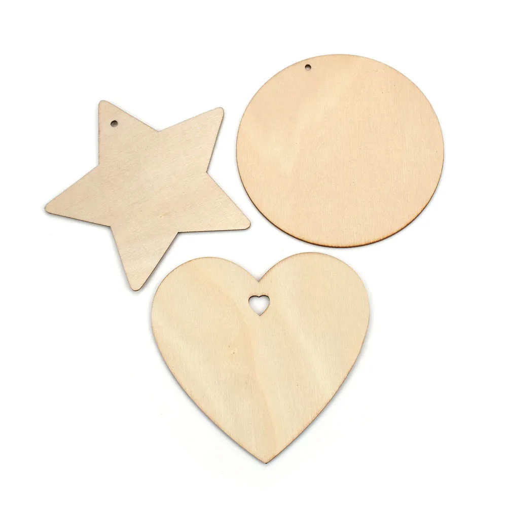 10PCS 80MM Christmas Original Color Hanging Hole Painted Wooden Chip Wishing Card Message Board Party Heart Home Decoration