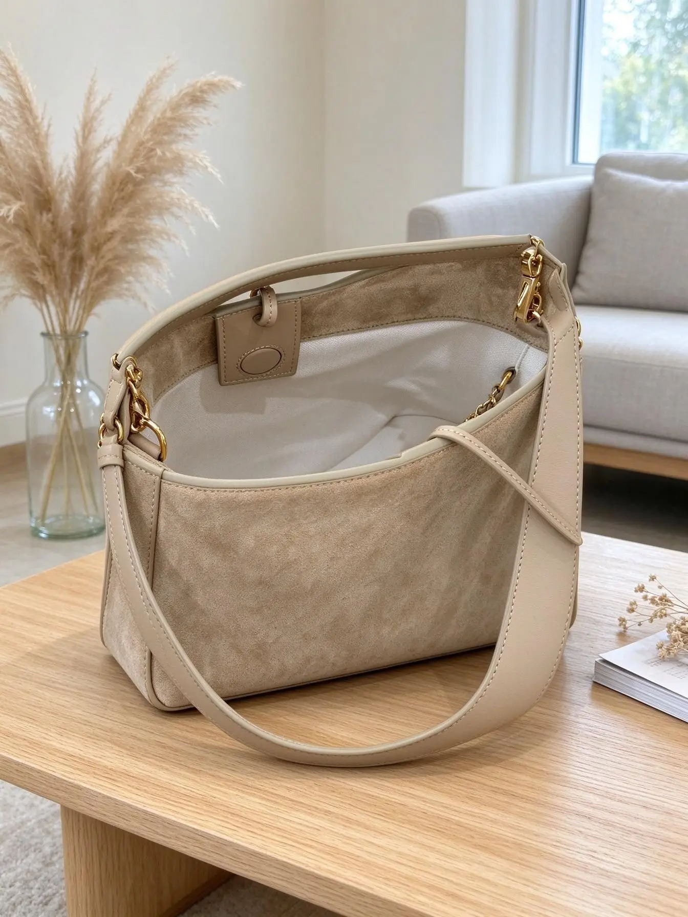 Women Minimalist Quilted Suede Bucket Bag Apricot Color Adjustable Wide Leather Strap Casual Shoulder Purse