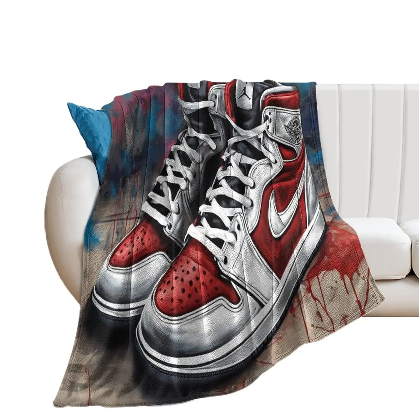 Red Jordan 1 Sneakers with Vibrant Spray Painted Background Art Throw Blanket Luxury Brand Luxury Thicken Blankets