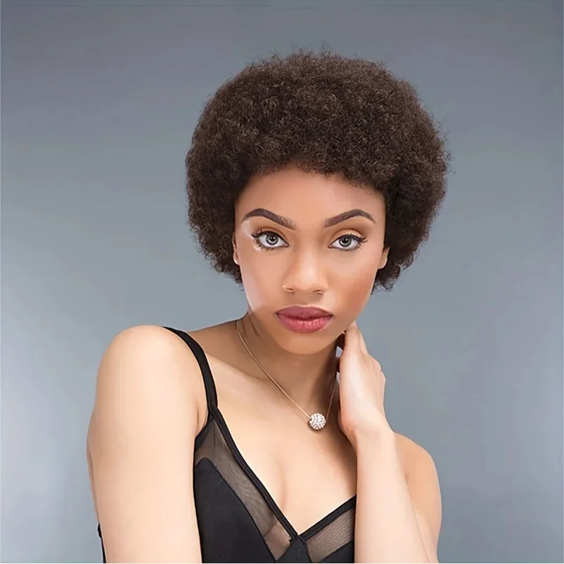 Short Afro Kinky Curly Human Hair Wig for Women Fluffy Hair Short Pixie Curly Retro Style Glueless Human Hair Wigs 6inch hair