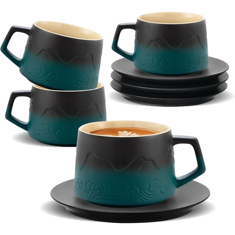 8 oz Cappuccino Cups Set of 4 with Saucers, Embossment Ceramic Latte Art Cappuccino Mugs for Cafe Mocha, Hand- Sprayed