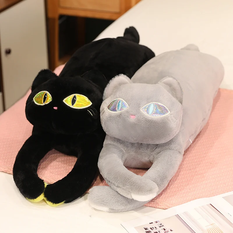 70-115CM Kawaii Lying Caracat Plush Toys Soft Black Gray Kitty Stuffed Long Pillow Cushion For Kids Boys Birthfay Gifts