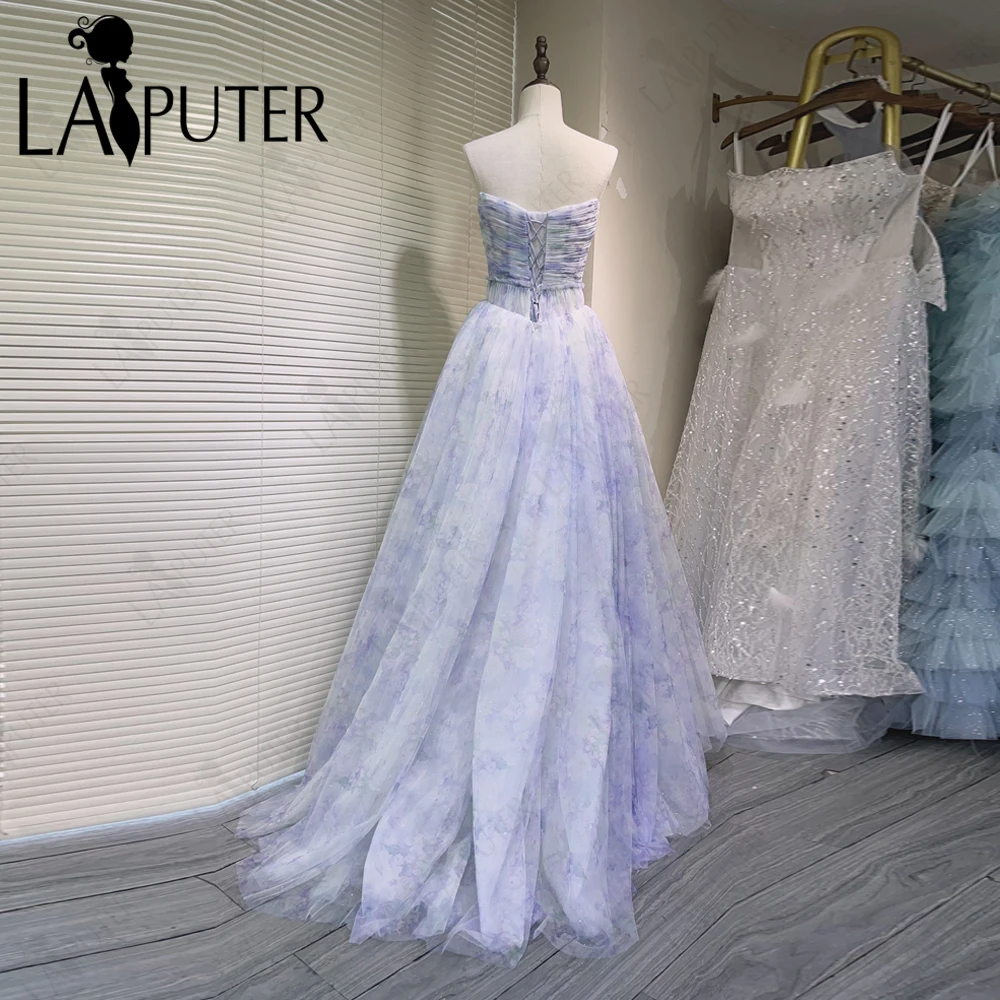 Floral Blue A line Prom Dresses Buttons Off Shoulder Basque Waist Long Tulle Evening Gowns Strapless Neck Cute Girl Party Dress