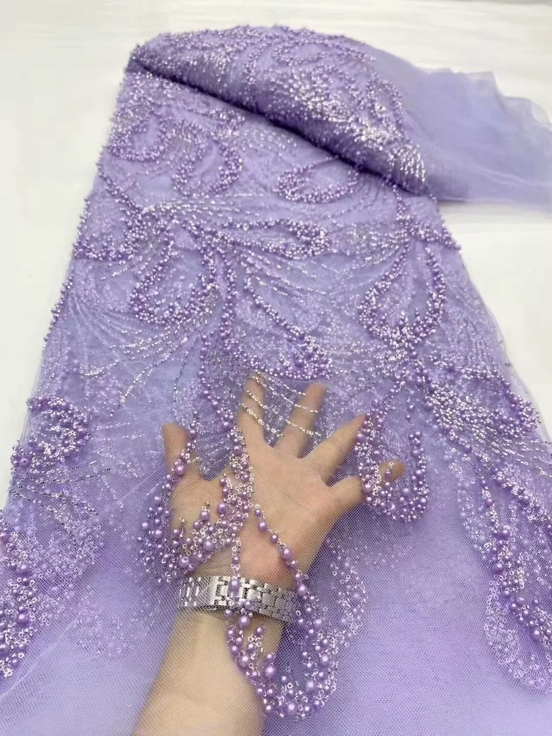 

Luxury African Heavy Beads Lace Fabric High Quality 5 Yards Nigerian Sequins French Tulle Fabric Material For Wedding Party