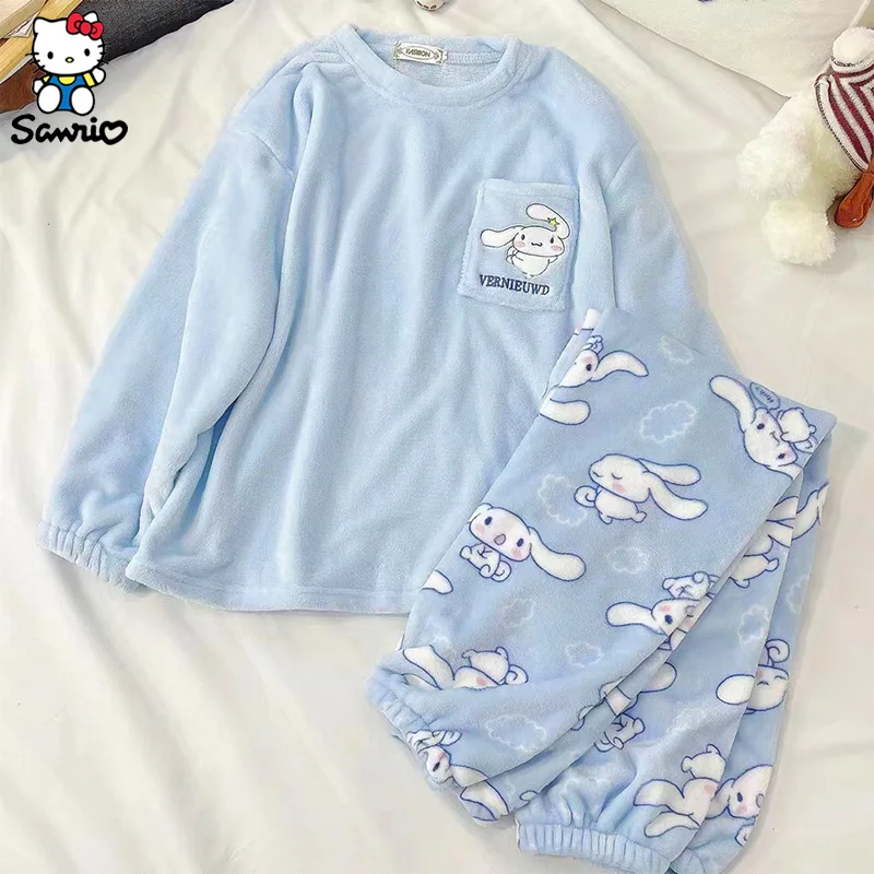 Kawaii Sanrio Pajamas Cinnamoroll Pajama Pants Kuromi Homewear Winter Warm Clothing Set Coral Fleece Sleepwear Women Xmas Gifts