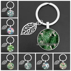 Green Tropical Leaves Glass Pendent Keychain Tropical Green Plant Leaf Glass Cabochon Key Rings for Women