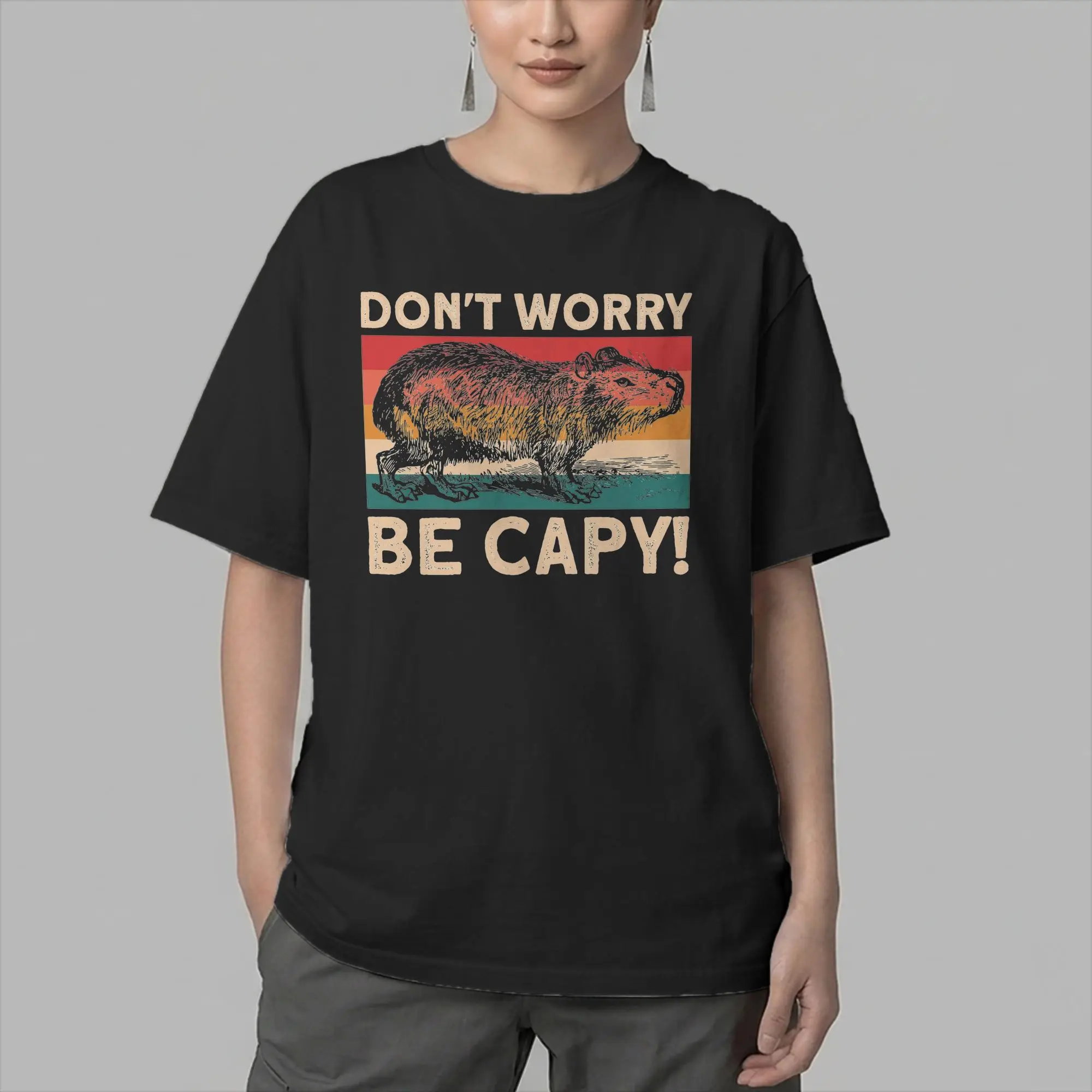 Capybara Men T Shirt Don't Worry Be Capy Novelty Tees Short Sleeve O Neck T-Shirt Pure Cotton Graphic Printed Clothes