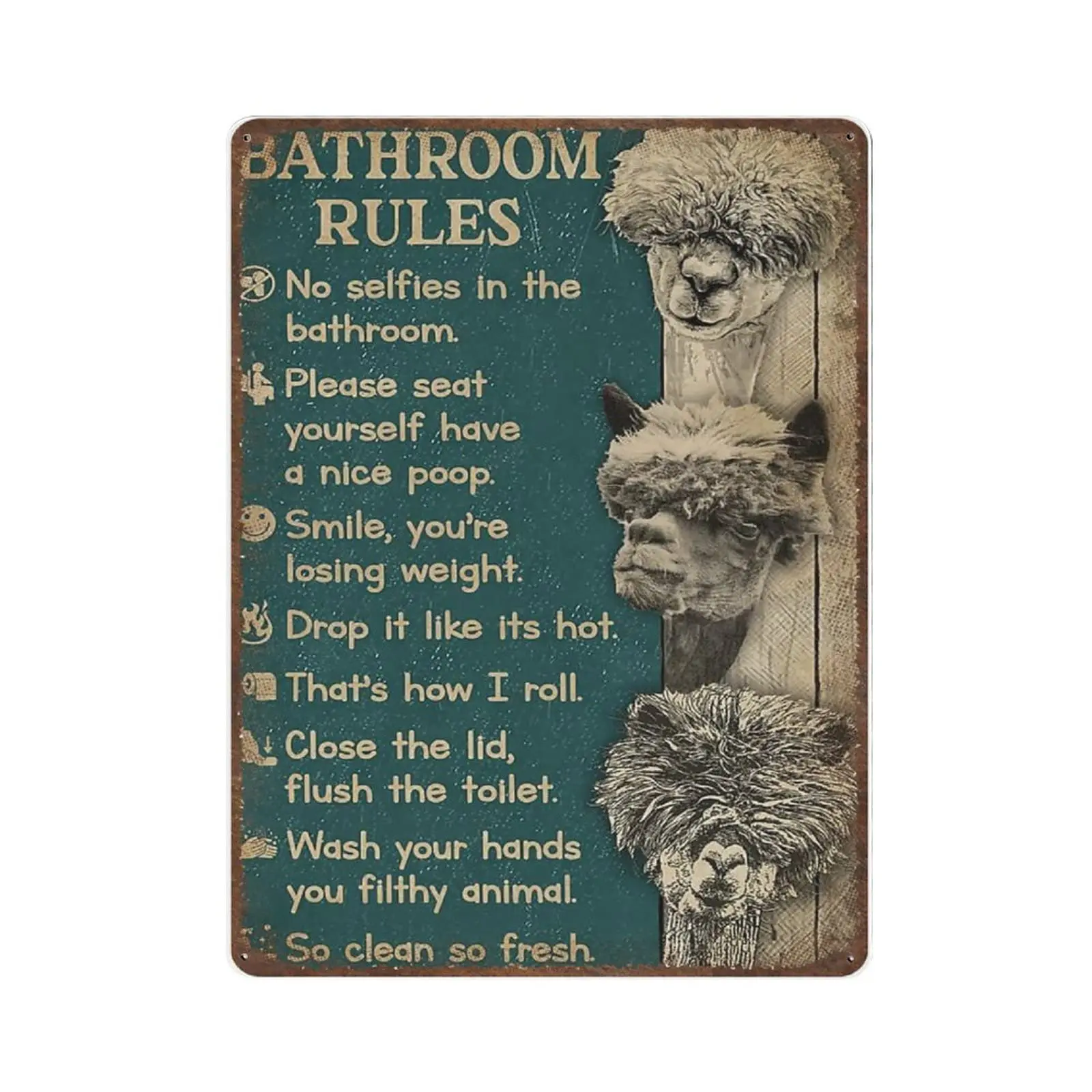 Vintage Metal Tin Sign Plaque, Bathroom Rules Alpacas Vertical Sign,Man cave Pub Club Cafe Home Decor Plate，Birthday Anniversar