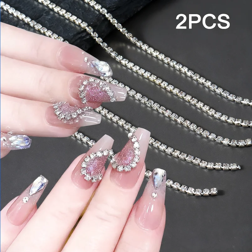 1 Pack Long Luxury Sparkling Chain Nail Accessories Silvery Metal Chain with Diamond Decorations for DIY Nails Art Decoration