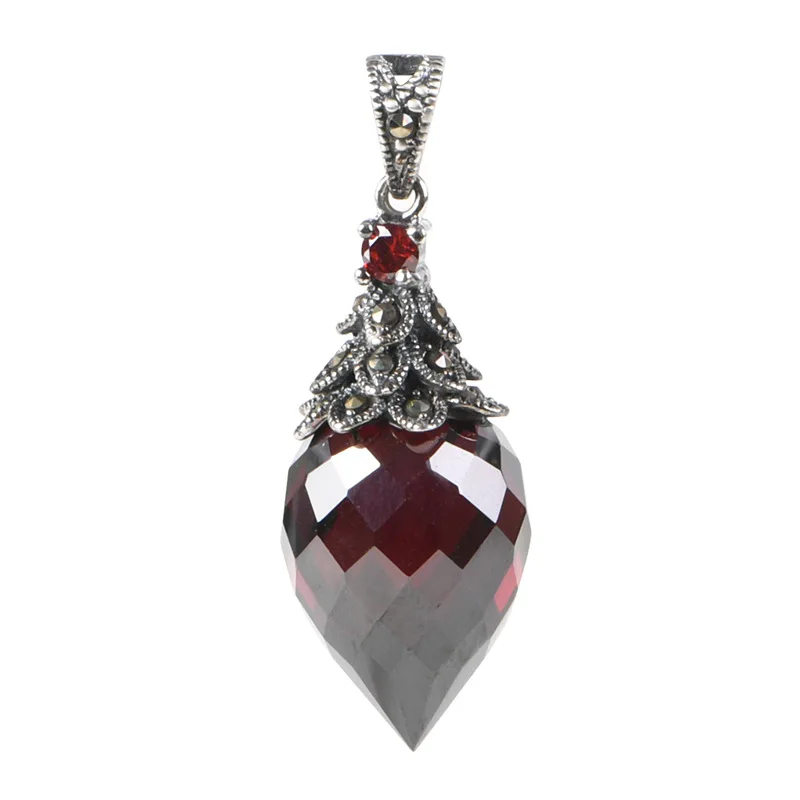BOCAI New S925 Sterling Silver Pendants Drop Earrings for Women Antique Silver Waterdrip Red Zircon Charms Charm Fine Jewelry