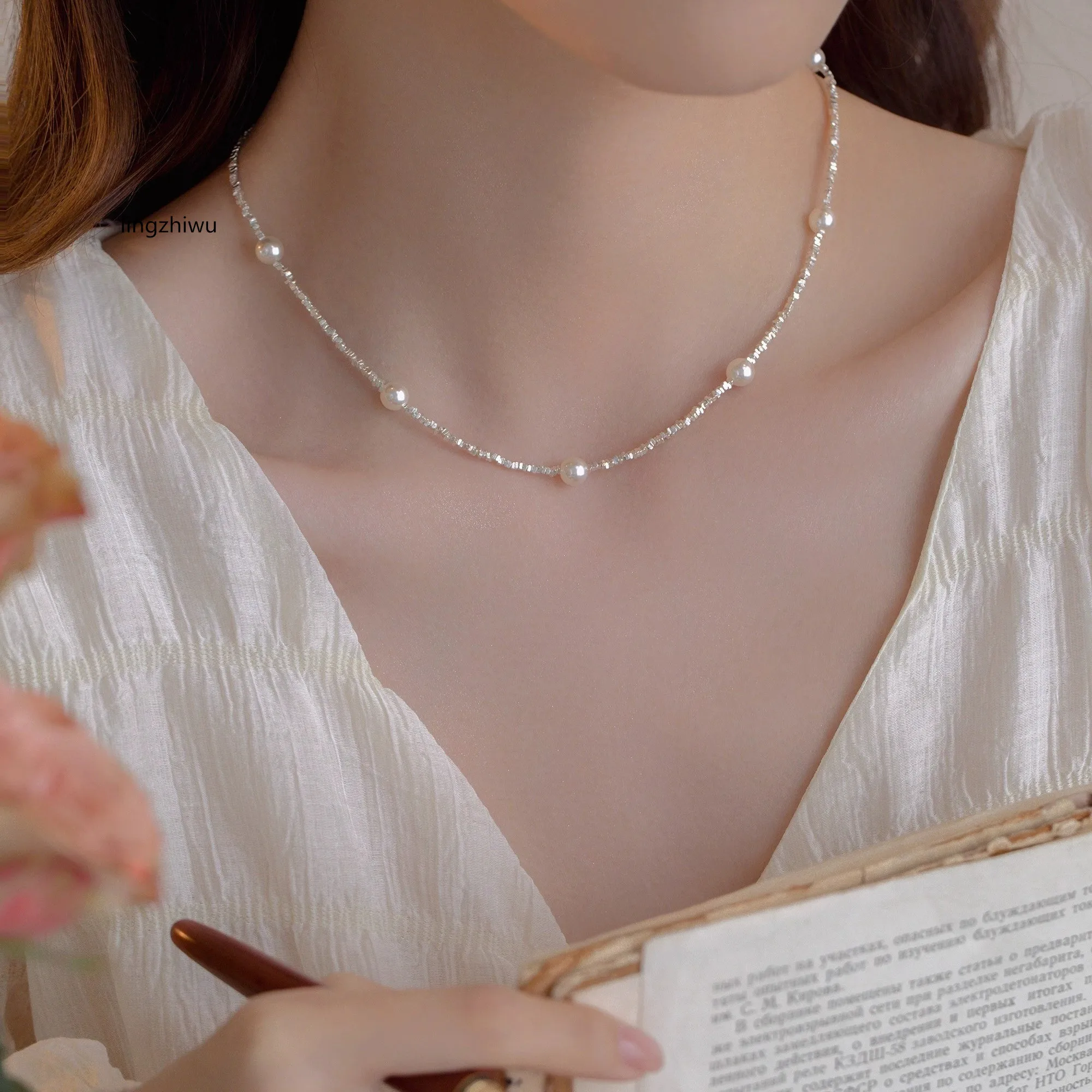 

lingzhiwu Korean Designer Silver Pearls Necklace Women Luxury Choker Necklaces New Arrival