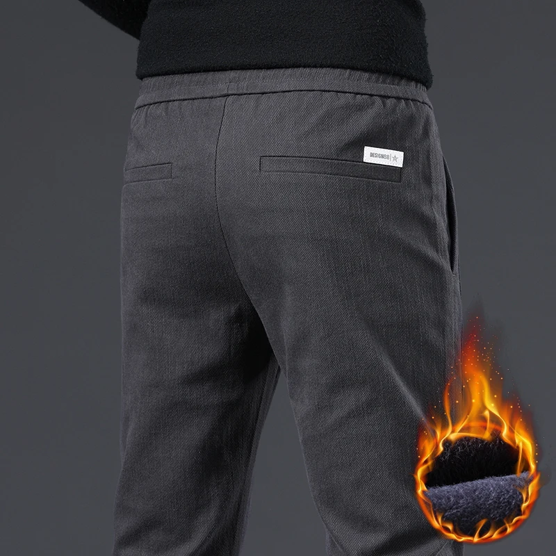 

Winter Men's Fleece Pants Fashion Classic Drawstring Elastic Waist Jogging Thick Warm Stretch Flocking Casual Grey Trousers Male