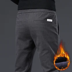 Winter Men's Fleece Pants Fashion Classic Drawstring Elastic Waist Jogging Thick Warm Stretch Flocking Casual Grey Trousers Male