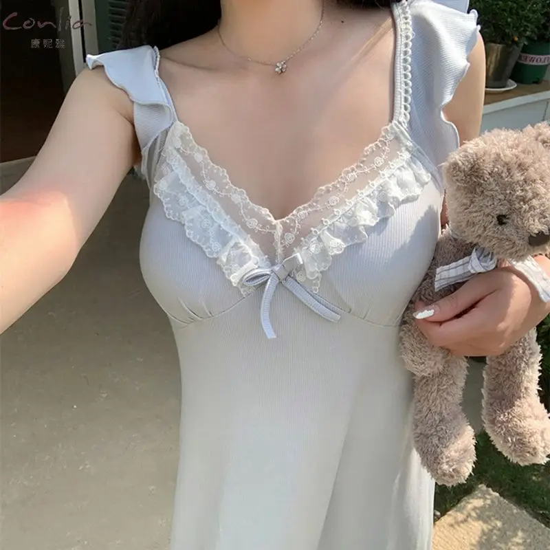 Pajamas female modal with cushion nightgown summer V-neck sexy lace camisole nightgown homewear