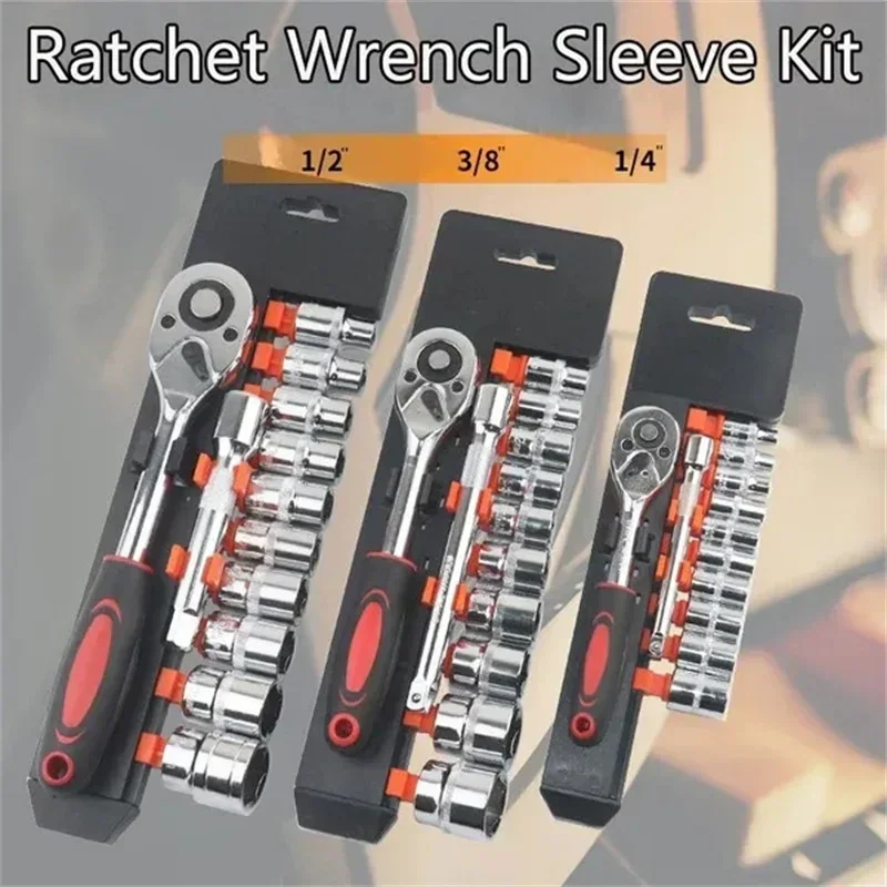 Car 12pcs Socket RatchetHandle Wrench Set 1/4 3/8 1/2 SpannerKitWithExtension Rod and 10 CommonSockets RepairHandToolCombination