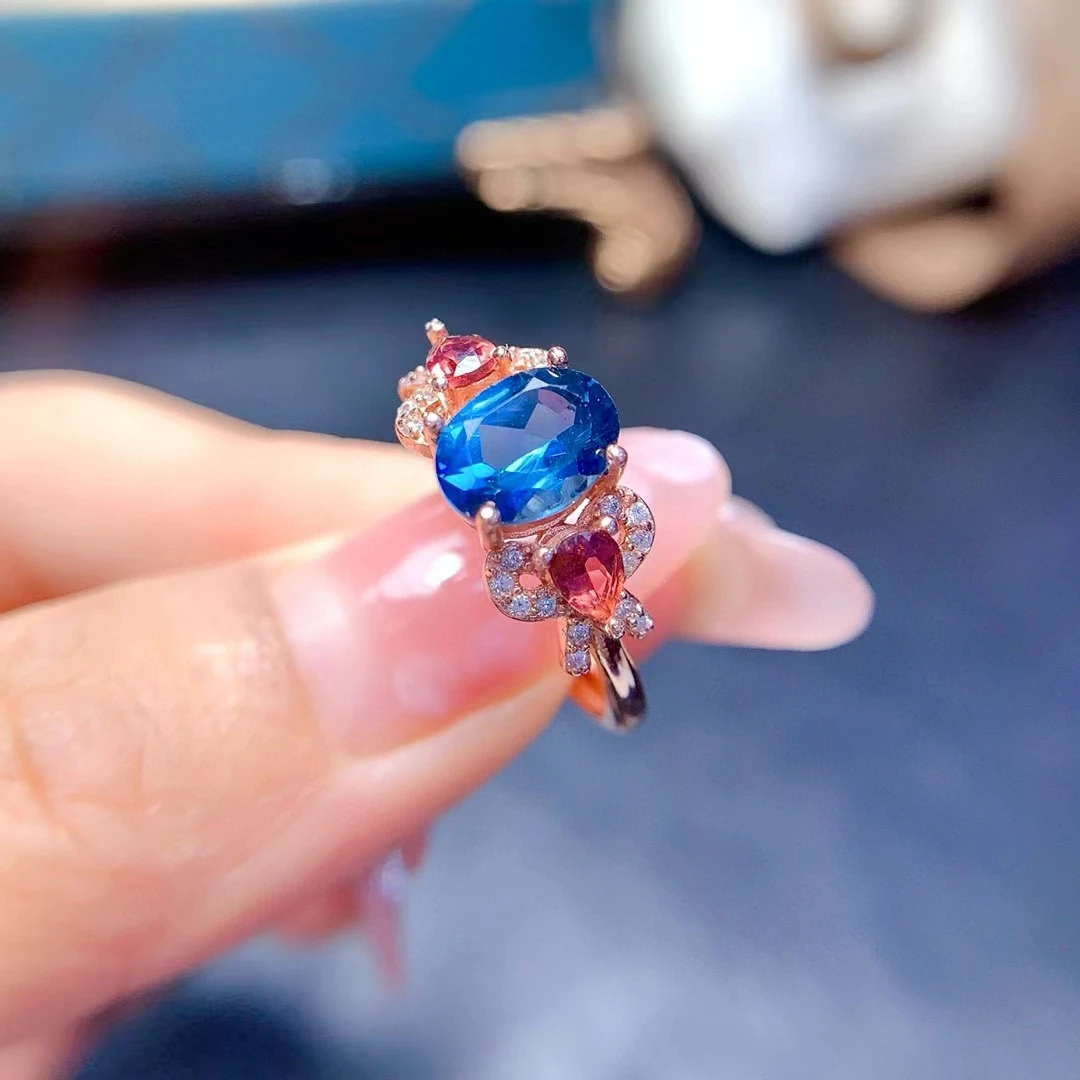 Natural London Blue Ring for Party 6mm*8mm 1ct VVS Grade Topaz 925 Silver Ring with 18K Gold Plated Gemstone Jewelry