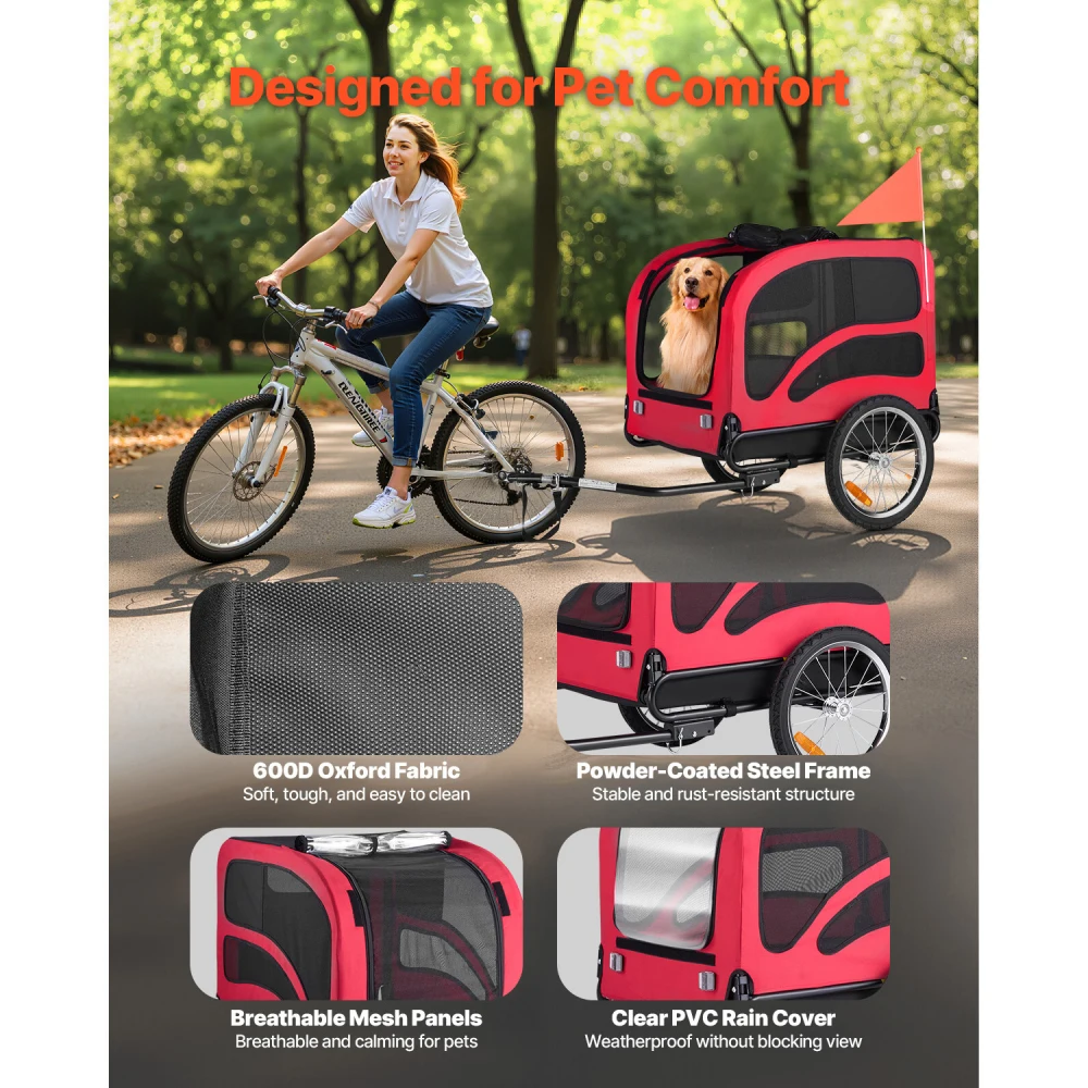 Dog Bike Trailer for Small Medium Large Dogs up to 100 lbs, Foldable Pet Bicycle Carrier with Quick Release Wheels, Universal Bike Coupler, Spacious Ventilated Cabin, Weather Cover, Safety Flag, Reflectors, Internal Leash for Outdoor Travel