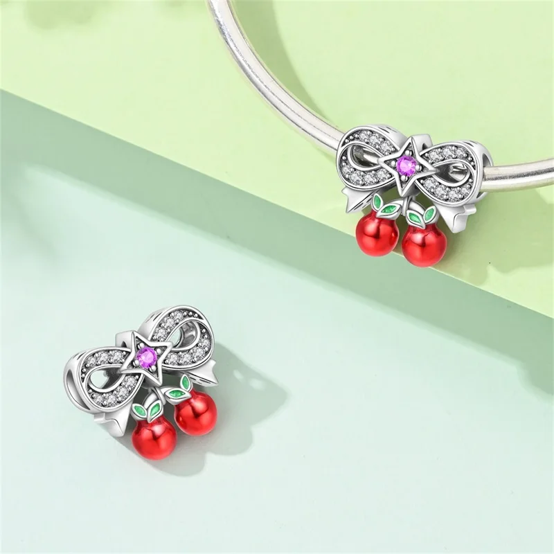 

New 925 Sterling Silver Sweet Cherry Bow Charms Beads Fit 3mm Original Bracelet DIY Women Exquisite Birthday Party Jewelry Gifts