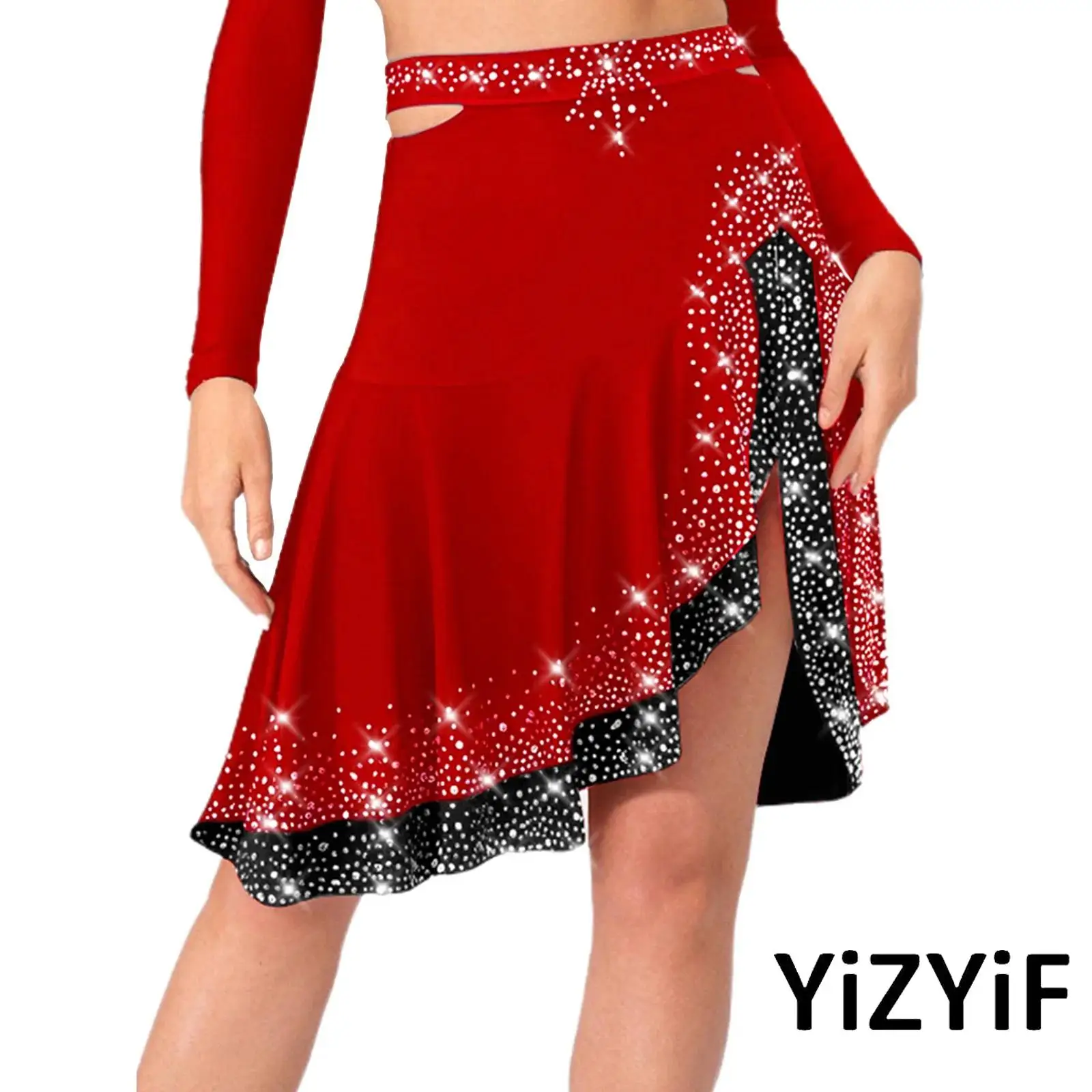 กระโปรงเต้นรำแจ๊สละตินสตรีไรน์สโตนสีตัดกันด้านข้างตัดกระโปรงระบายสำหรับการแสดงบนเวทีการแข่งขันเต้นรำ