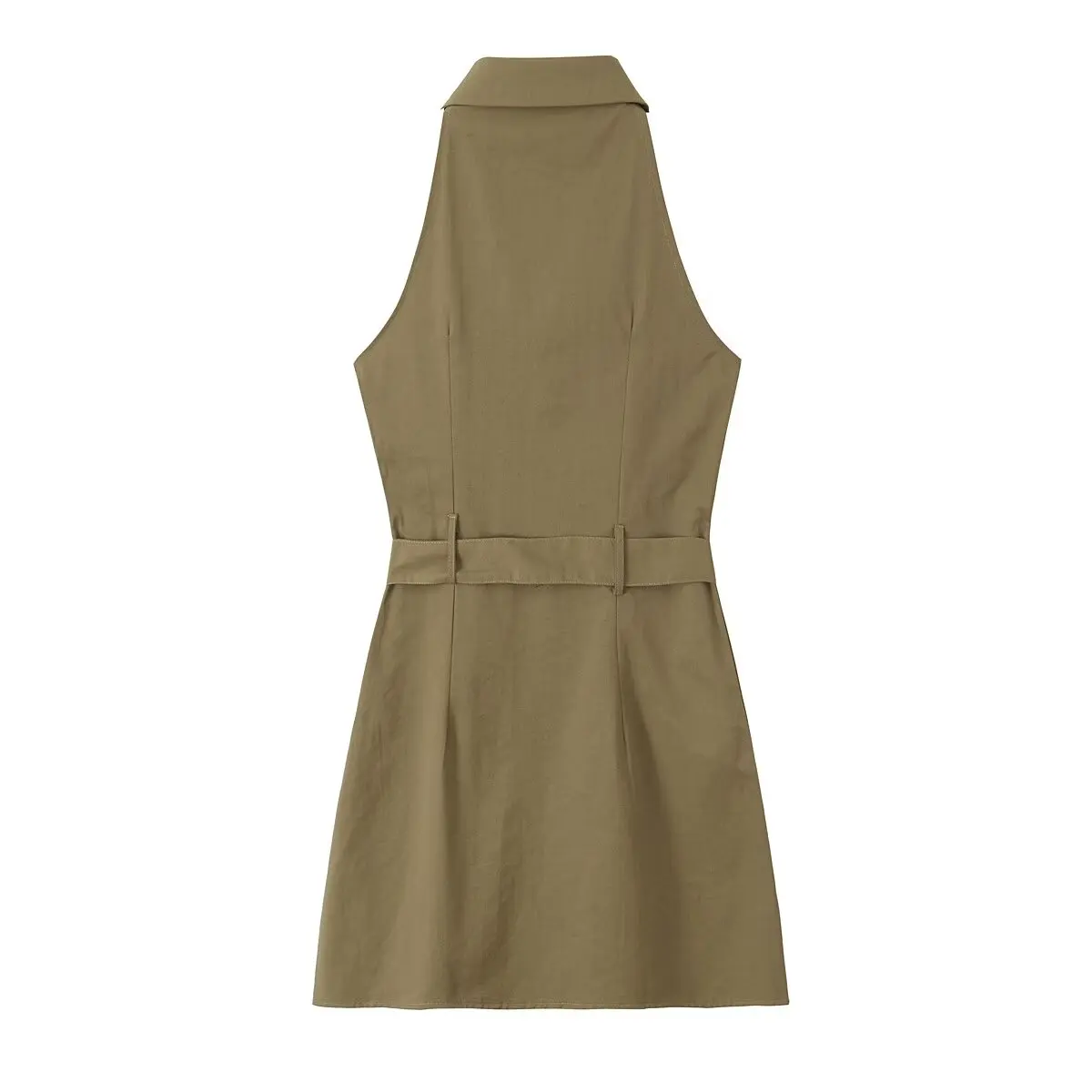 2024 American Retro Army Green Lapel Sleeveless Safari Dress Women With Buckle Belt Slim Waist A line Mini Party Robe