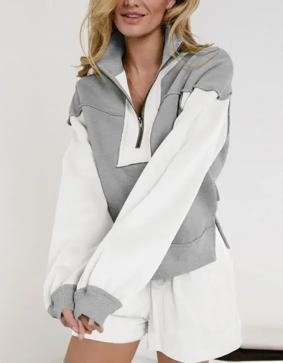 

Women's Zippers Contrasting Loose Decorative Lines Long Sleeve Personalized Hoodies Spring & Autumn Female Fashion Sweatshirt