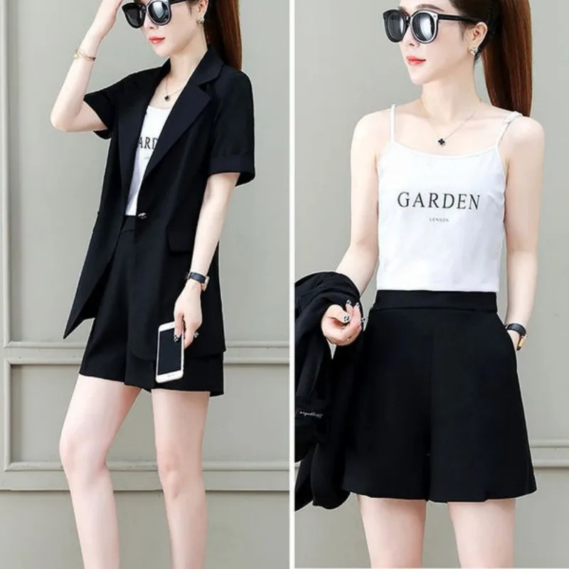 Women's Summer New Fashion Short-Sleeve Suit Jacket Shorts Two Piece Korean Elegant Chic Casual Blazers Coat Pants Matching Set