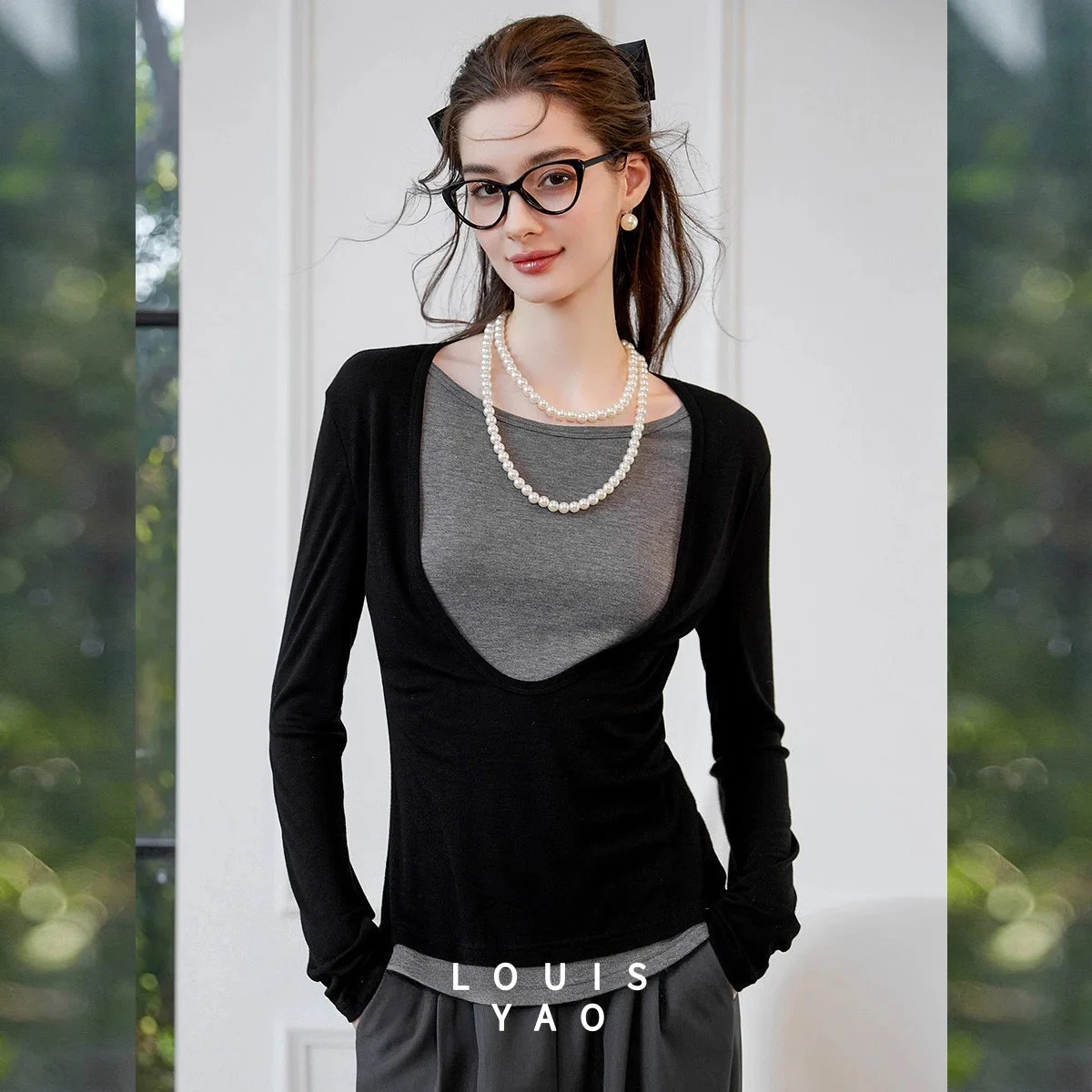 LOUISYAO Nep tweedelig tweekleurig dames-T-shirt 2025, lente/herfst T-shirts, ronde hals, lange mouwen, tops, licht rekbaar T-shirt