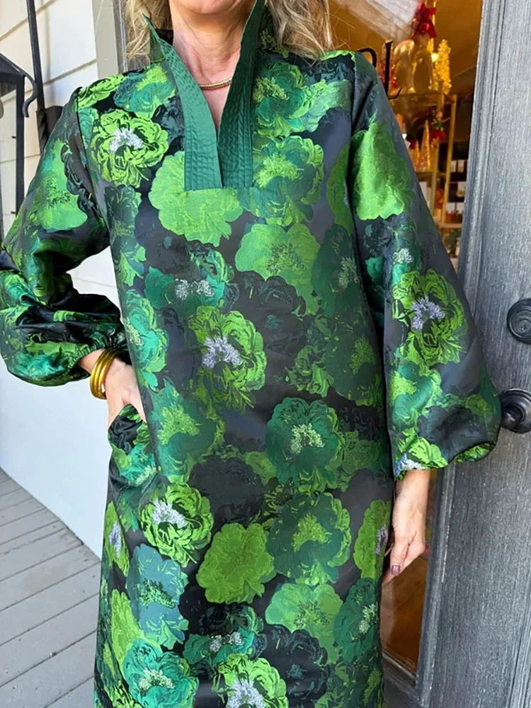 Cómodo vestido suelto de manga larga con cuello levantado para primavera y verano, nuevo estilo, elegante vestido jacquard para mujer