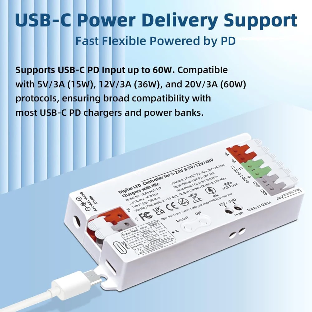 

For WS2811 For SK6812 USB-C PD LED Strip Controller For Outdoor Events PC Power Tool Accessory 60W USB-C Input
