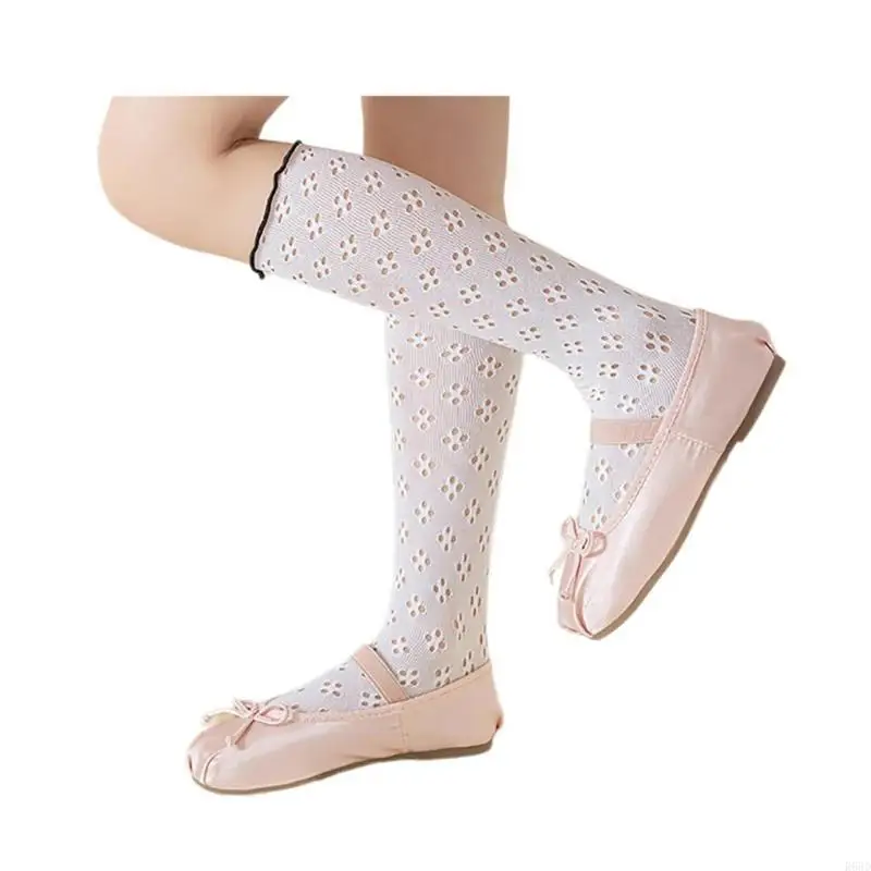 R66D Girl Dancing Socks for Outdoor Spring Antimosquito Kneehigh Socks for Kids Breathable Ruffle Trim Socks for Little Girls