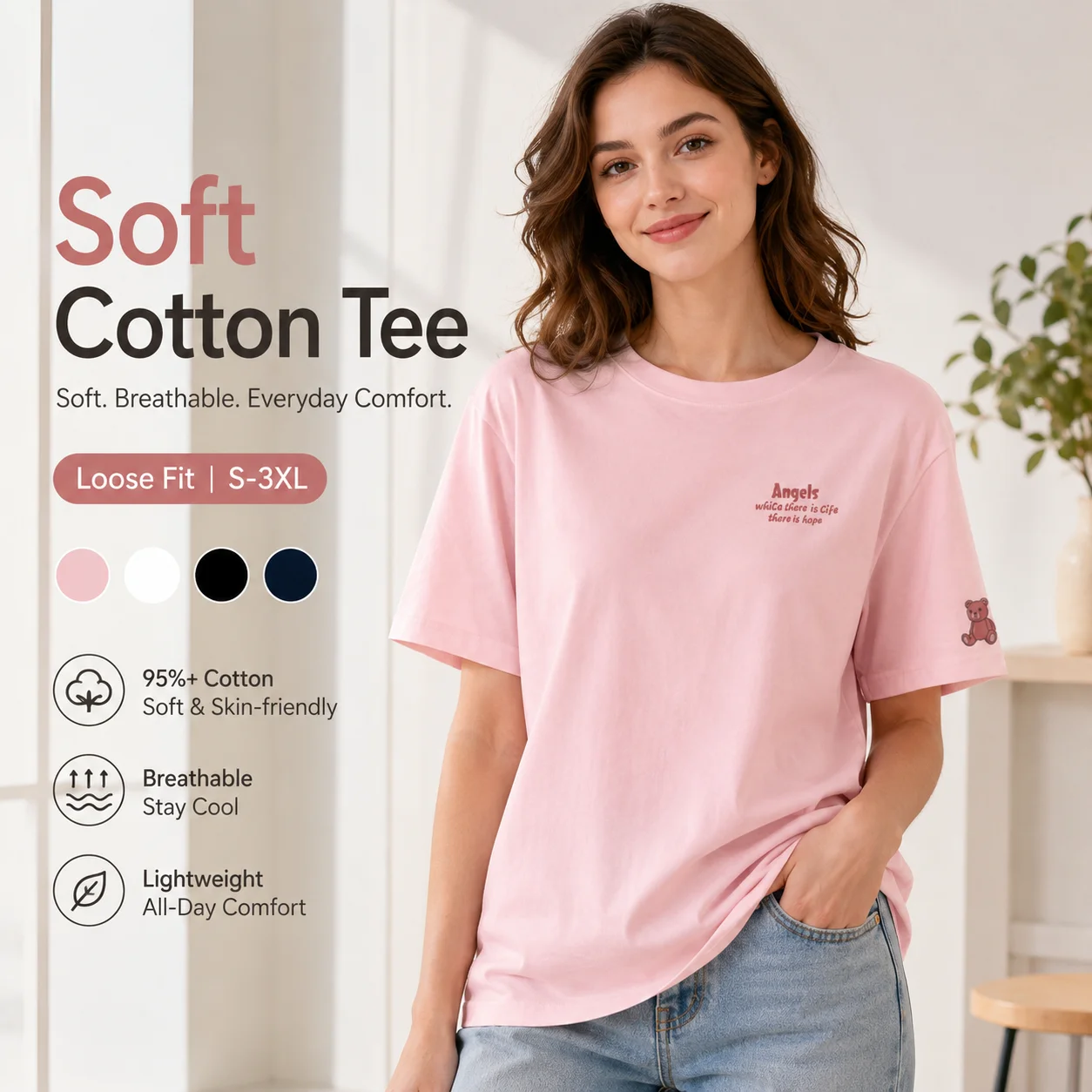 Women Cotton Oversized T Shirt Loose Fit Short Sleeve Cute Bear Sleeve Print Summer Casual Tee S-3XL