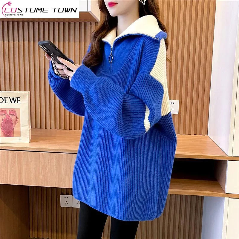 Thickened Mid Length High Neck Sweater for Women's 2023 New Spring and Autumn Popular Color Matching Loose Lazy Style Top