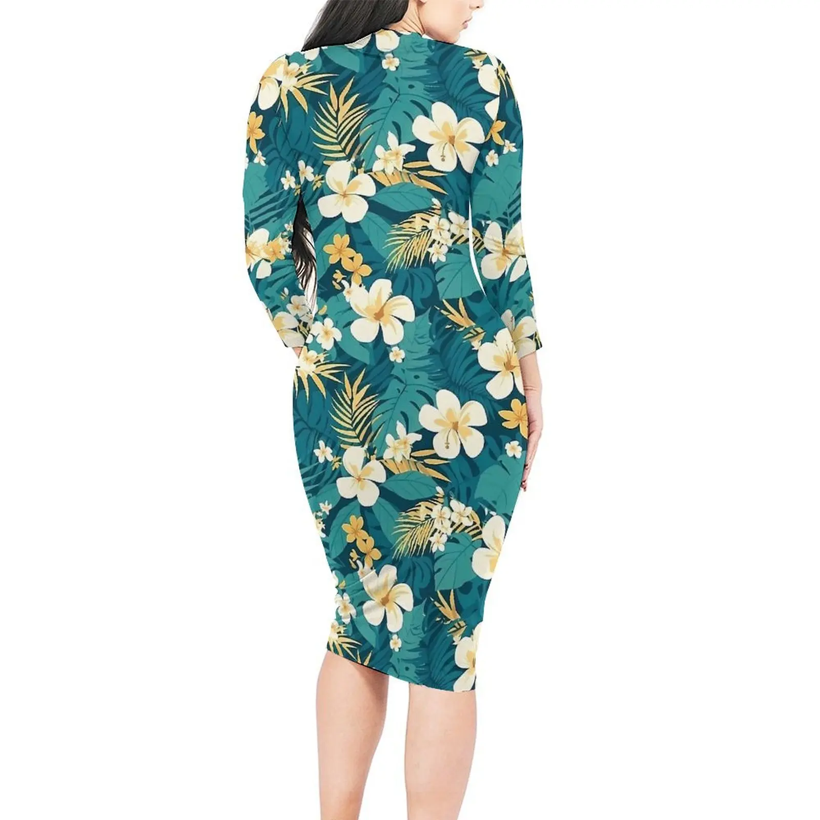 Tropical Flower Bodycon Dress Womens Green Hawaiian Motif Pretty Dresses Autumn Long Sleeve Street Fashion Graphic Dress