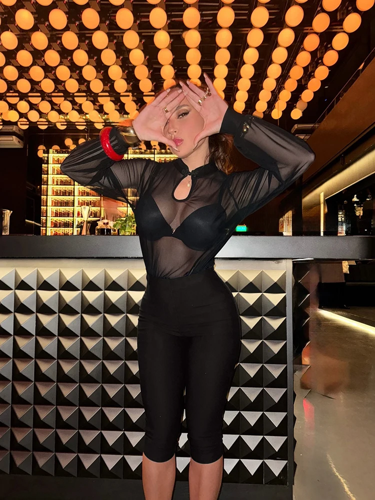 Kliou Female Club Party Style 2 Piece Set Woman Mesh See Through Button Hollow Tops+Skinny Shorts Hot Girls Sexy Fashion Outfits