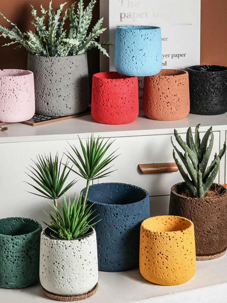 Nordic Cement Pot for Home Decoration, Creative Imitation of Volcanic Stone, Breathable Green Plants Pot, Succulent Pot, Simple