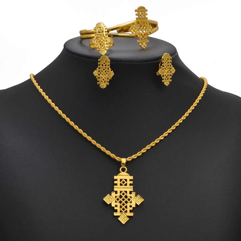 Eritrean Jewelry Set For Women Ethiopian Cross Necklaces Earrings Rings Bracelets Wedding Dowry #175116