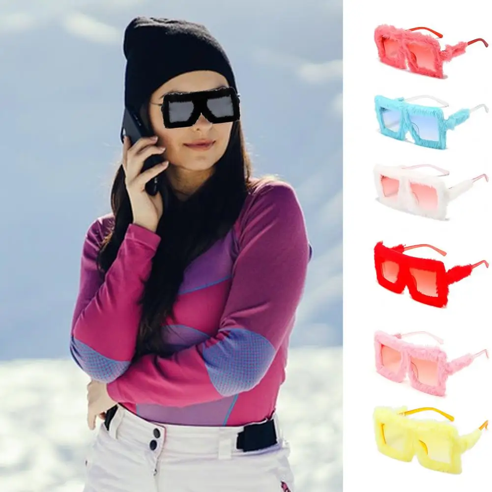 Fluffy Frame Sunglasses Anti-uv Sunglasses Fluffy Plush Trim Women's Sunglasses with Oblong Pc Frame for Club for Stylish