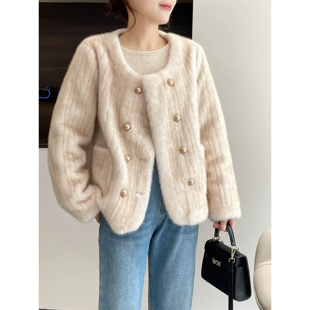 

2024 Ladies New Women's round Neck Double Breasted Artificial Mink Hair Vertical Grain Fur Integrated Jacket