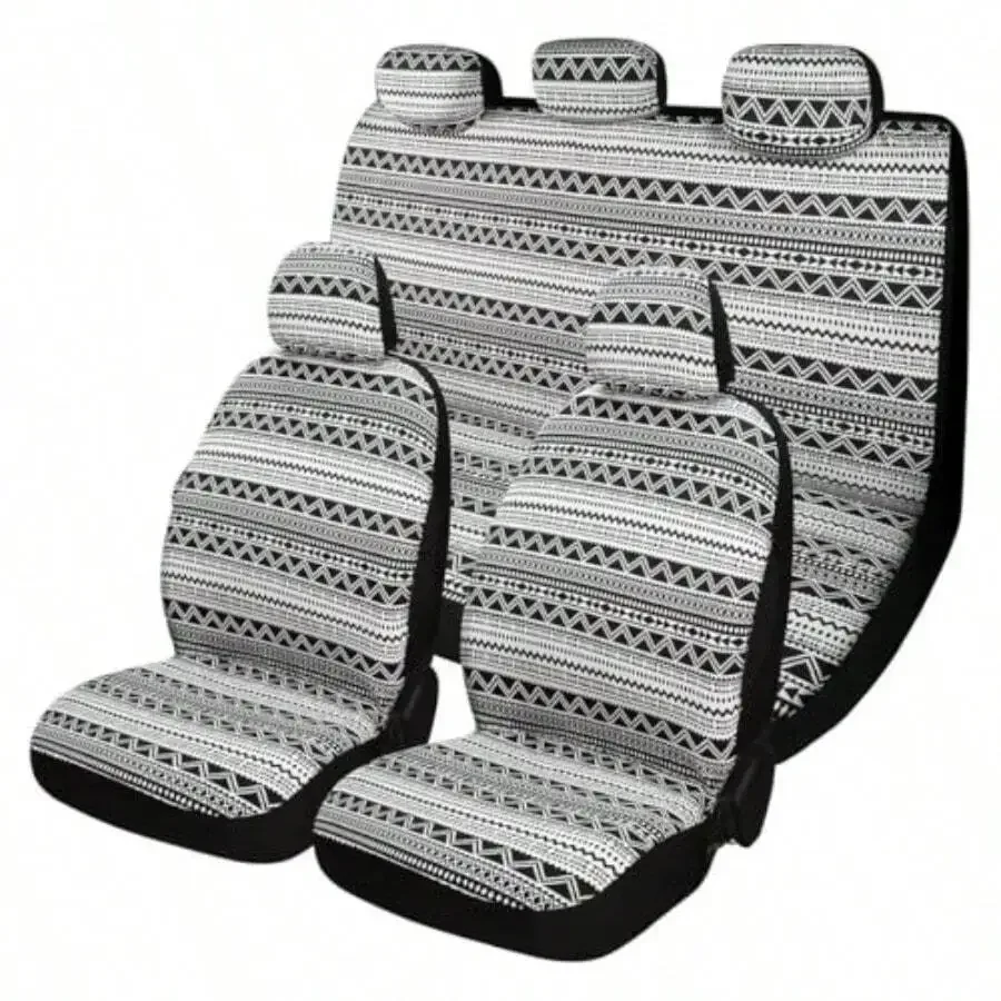 9PCS Car Seat Covers Set Breathable Washable Front Rear With Seatbelt Pad Geometric Pattern Airbag Compatible For Most Vehicles