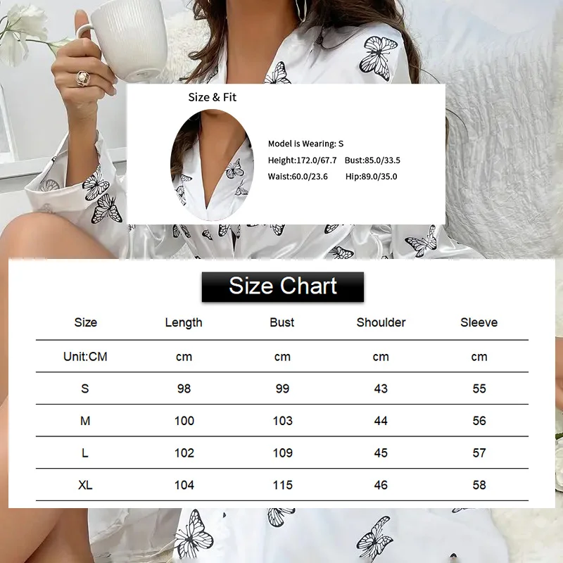 Women\'s Nightgown Butterfly Print Satin Night Robe Elegant Long Sleeve V Neck Robe With Belt Women Sleepwear Home Clothing Robes