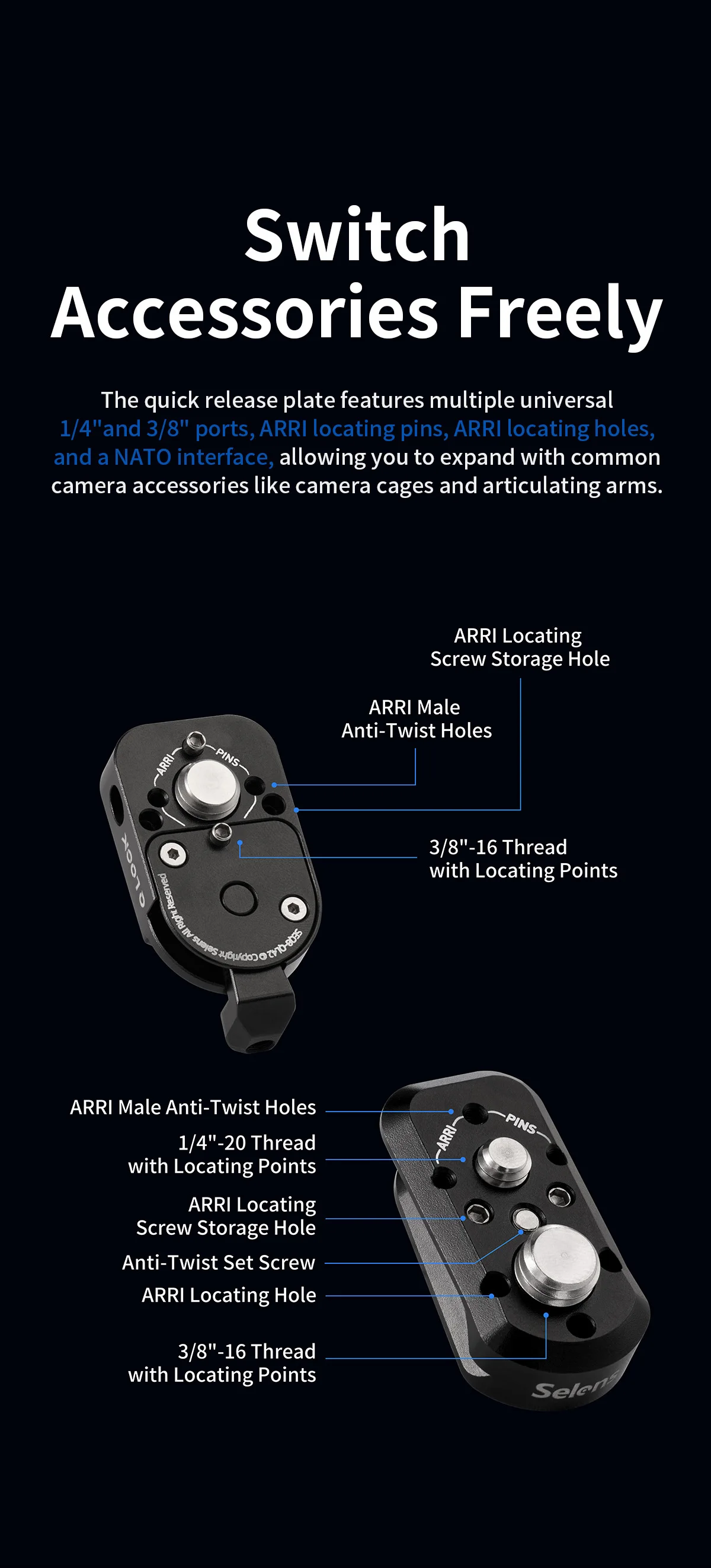 Selens Alu-Legierung Q-Lock Mini Schnellmontage-Kit mit mehreren 1/4-, 3/8- und ARRI-Positionierungslöchern für NATO-Verlängerungen an Käfigen, Magic Arm – Detail 5