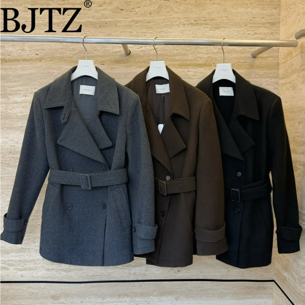 

BJTZ минималистичный шерстяной пиджак с поясом и завязками на талии для женщин, осень-зима 202, новый тренд, модная офисная женская верхняя одежда с лацканами