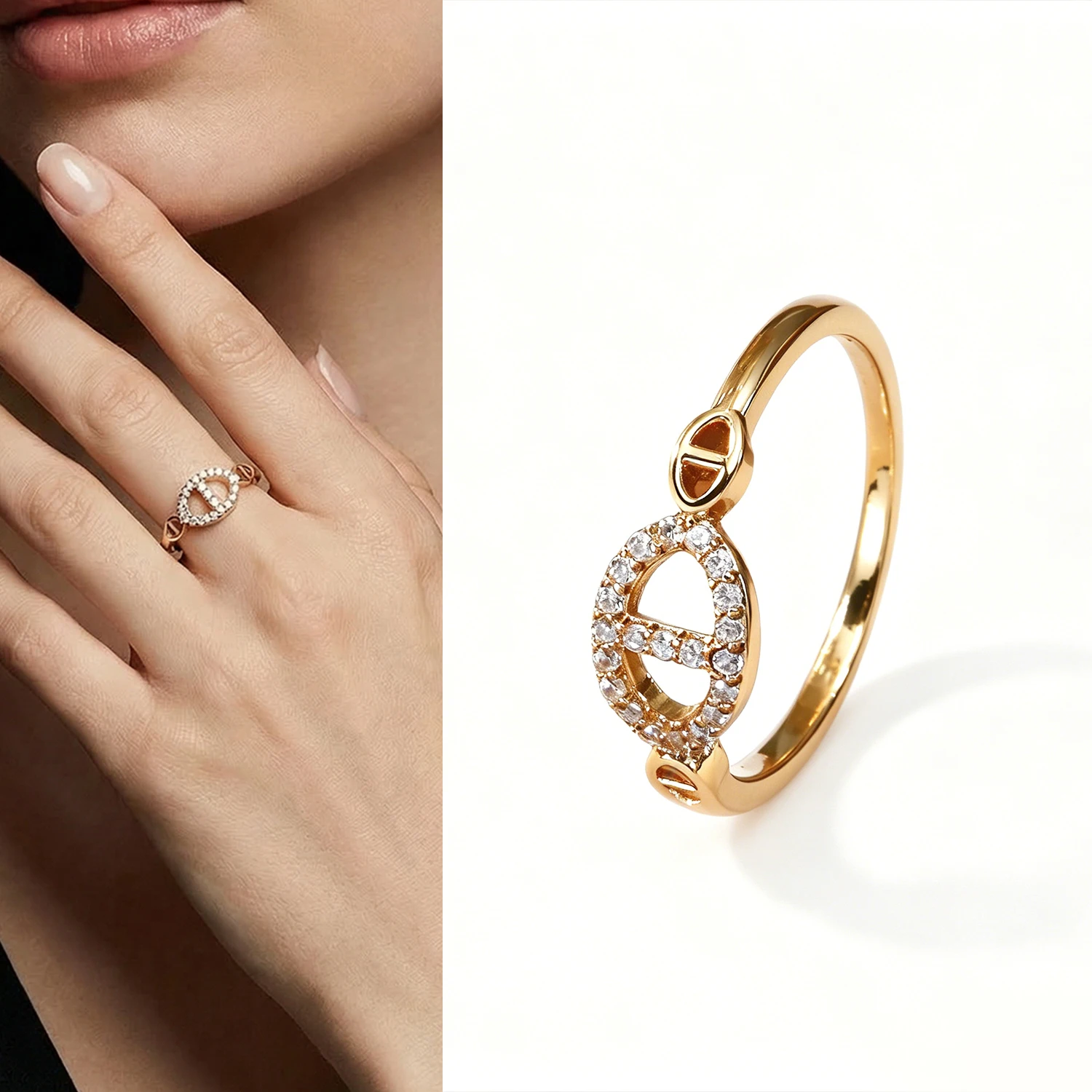Anillo de banda chapado en oro con 3 piedras de circonita cúbica móvil para mujer, anillo apilable de lujo con pavé de eternidad, joyería de regalo para bodas, fiestas y uso diario