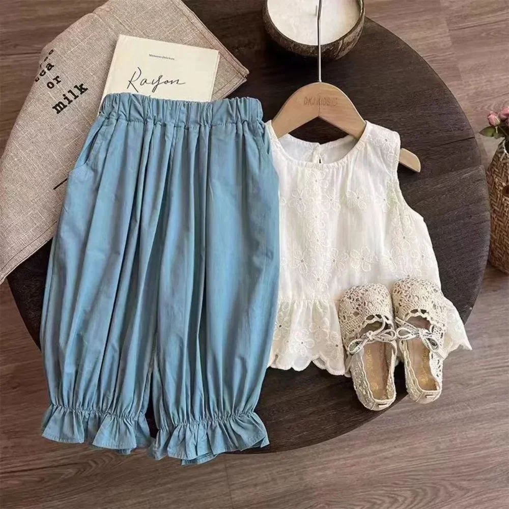 Little Fresh Casual Girls' Set White Lace Round Neck Sleeveless Top+Haren Pants Two Piece Fashionable Summer Children's Clothing